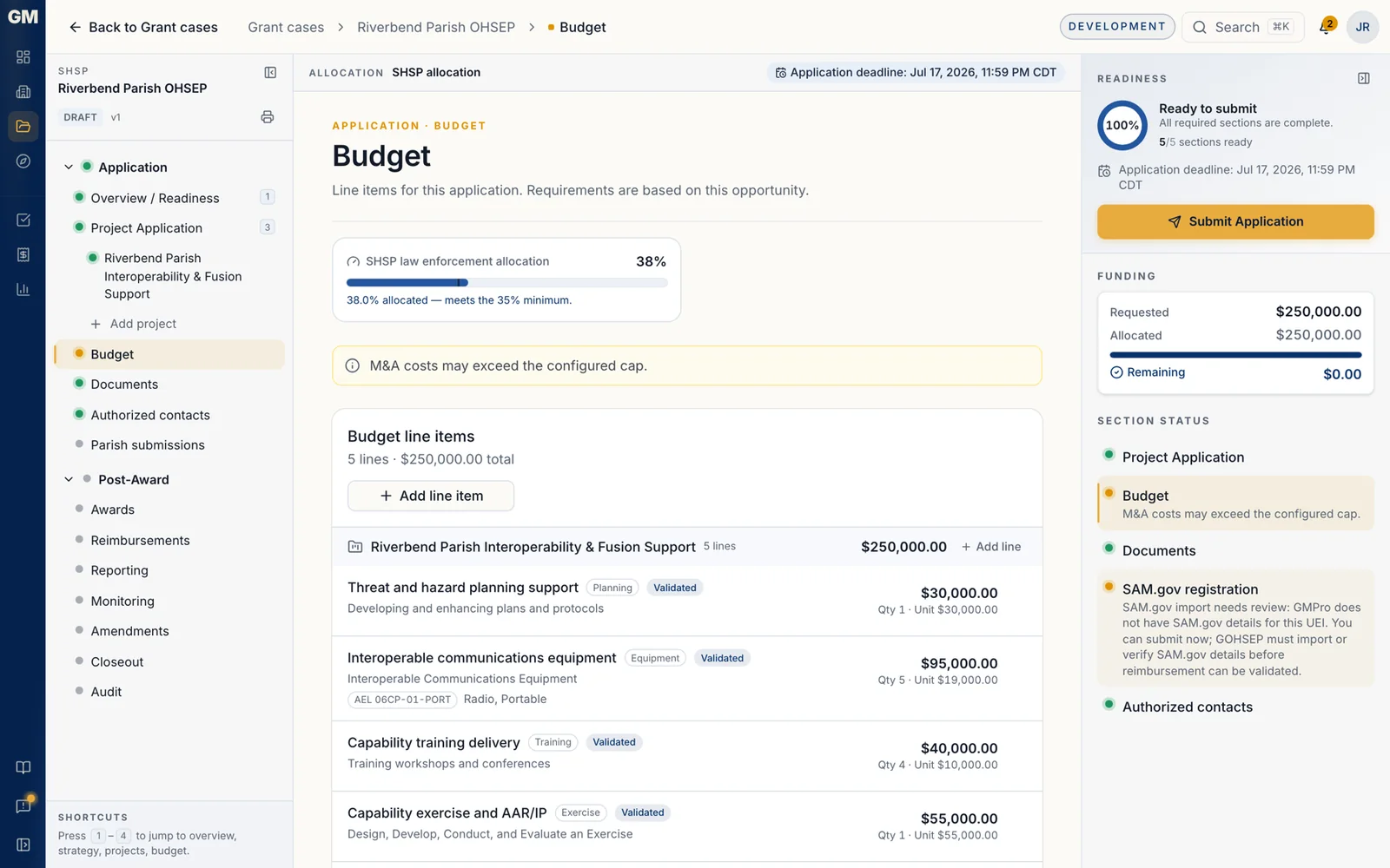 GMPro budget screen confirming the SHSP law enforcement allocation meets the 35% minimum, with validated line items coded to the federal AEL catalog.