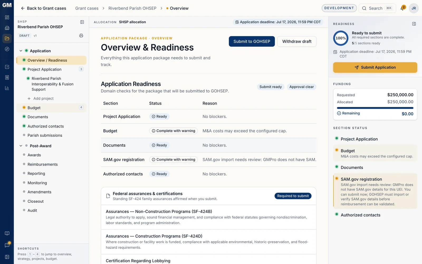 GMPro application overview showing a 100% readiness score, section-by-section status, and a warning that M&A costs may exceed the configured cap.
