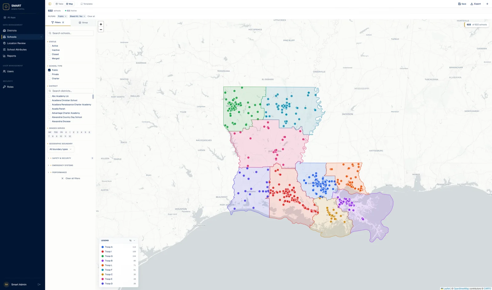 SMART Hub map of Louisiana schools, color-coded by State Police troop.